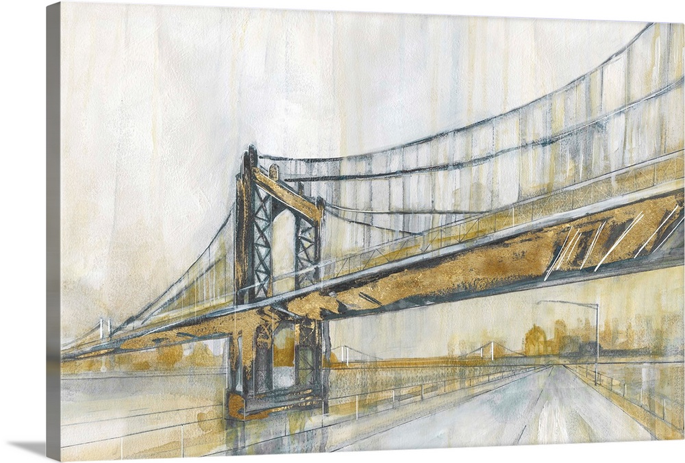 Contemporary painting of the Manhattan Bridge in New York City in shades of gold and grey.