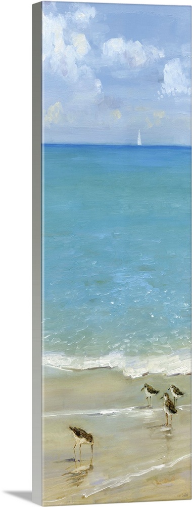 Tall contemporary painting of seabirds on the shore with blue water and a sailboat in the background.