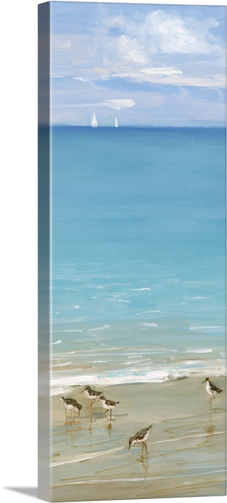 Tall contemporary painting of seabirds on the shore with blue water and sailboats in the background.