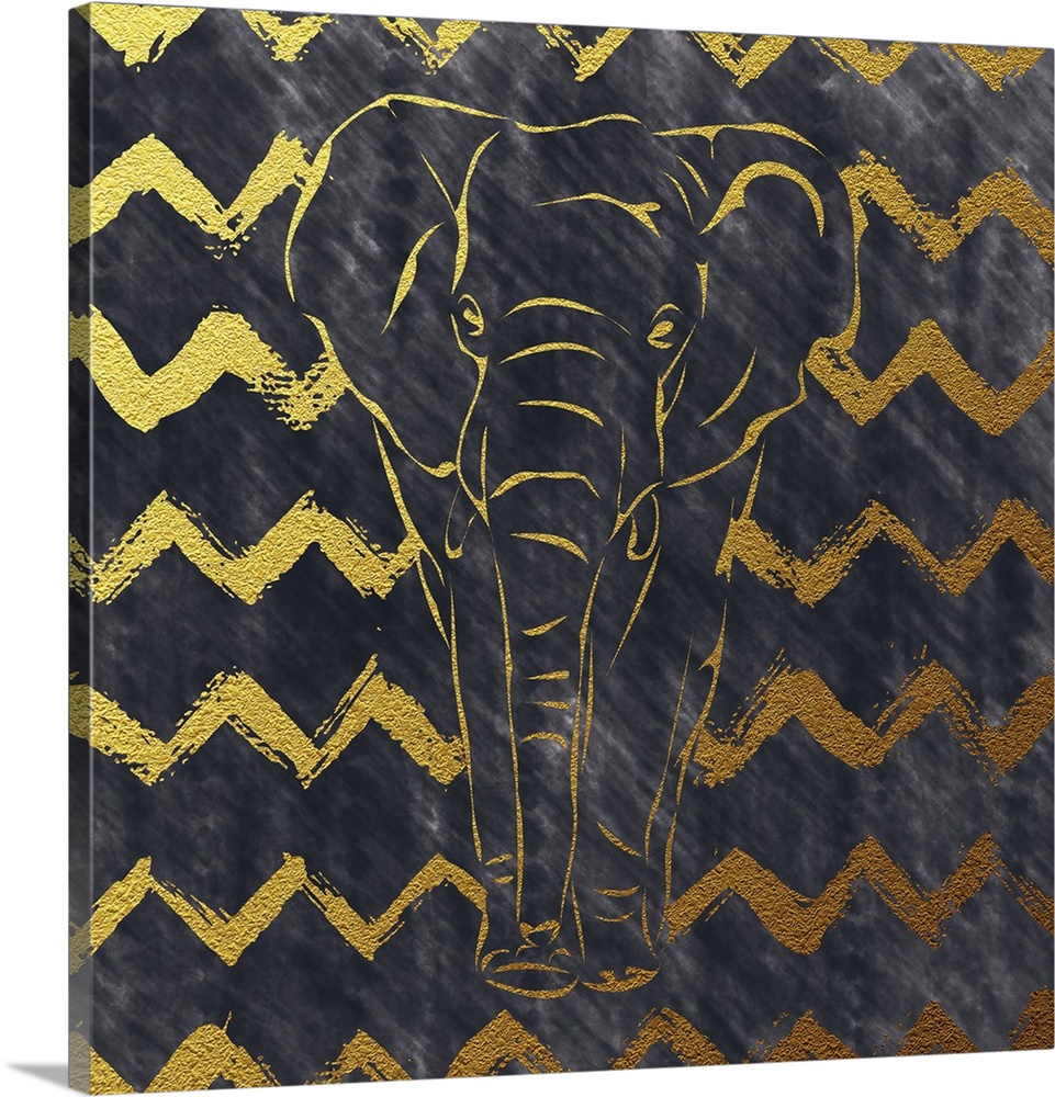 Square illustration of an elephant in gold and black with a zig-zag design in the background.