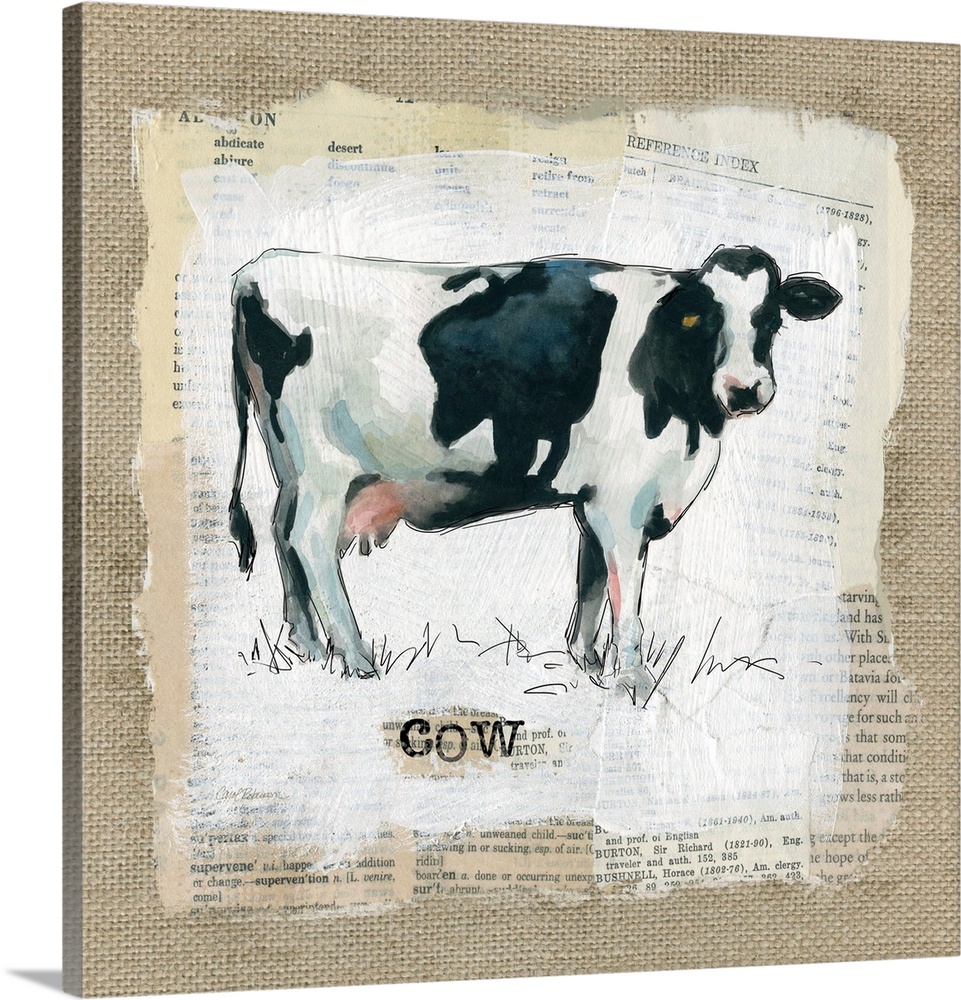 Square burlap collage art of a cow painted on top of newspaper clippings with the word "cow" stamped on underneath.