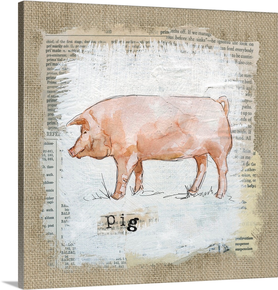 Square burlap collage art of a pig painted on top of newspaper clippings with the word "pig" stamped on underneath.