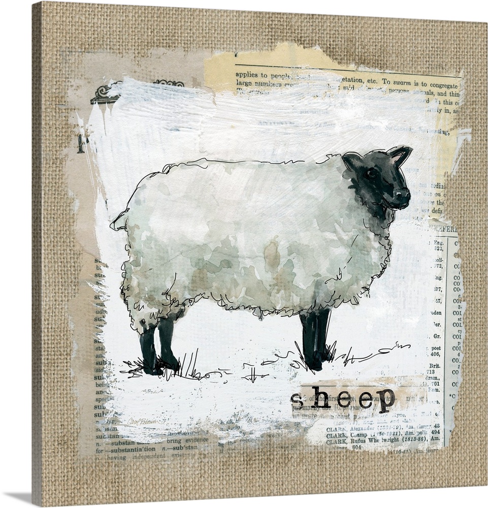 Square burlap collage art of a sheep painted on top of newspaper clippings with the word "sheep" stamped on underneath.