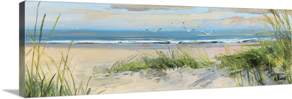 Contemporary landscape painting of grass on a sandy beach at the edge of the ocean.