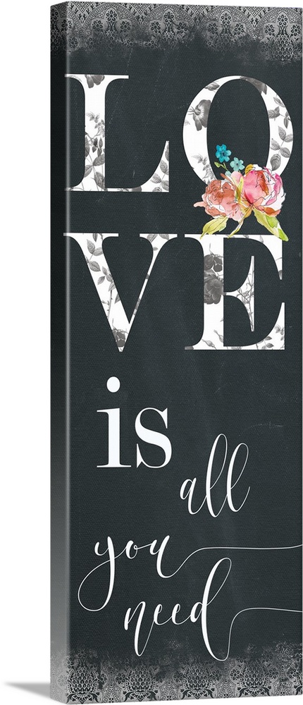 Panel typography with a chalkboard feel that reads "Love is all you need" with a decorative pattern at the top and bottom ...