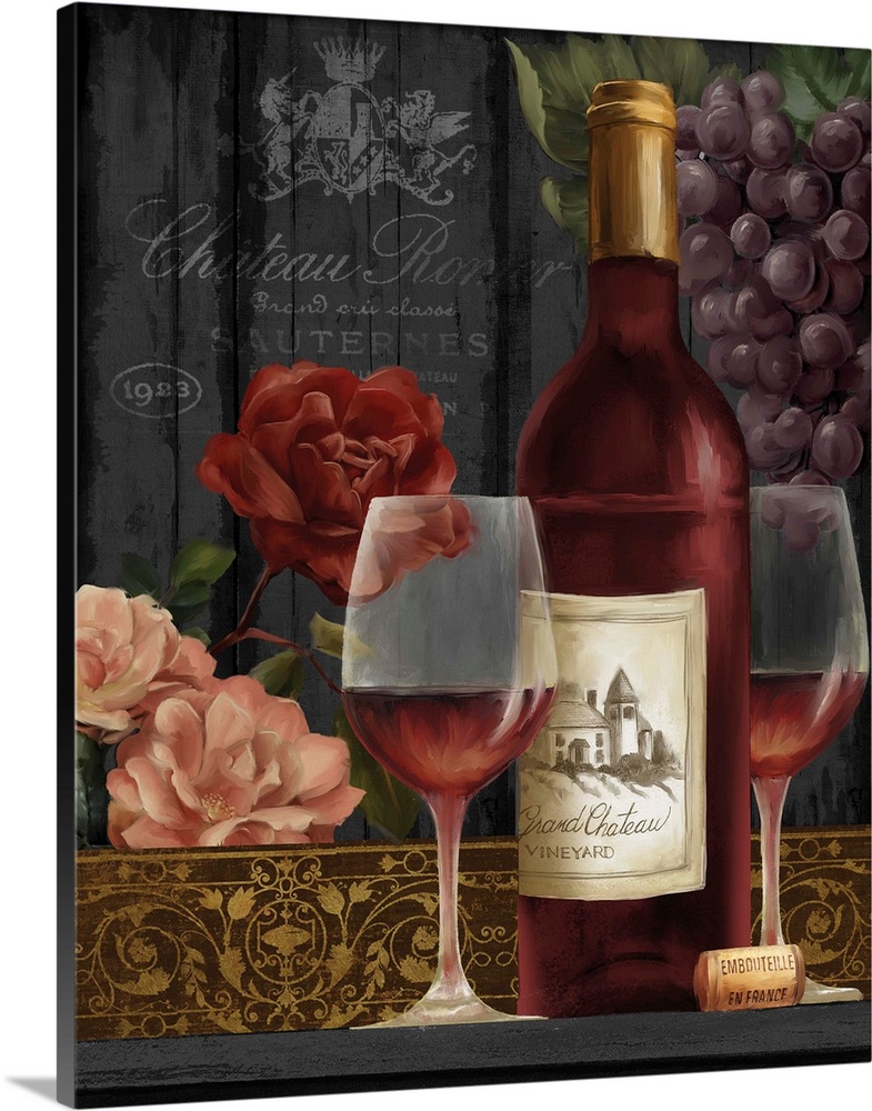 Still life painting of a wine bottle and two glasses of red wine with grapes and flowers in the background.