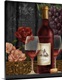 image thumbnail of Still life painting of a wine bottle and two glasses of red wine with grapes and flowers in the background.