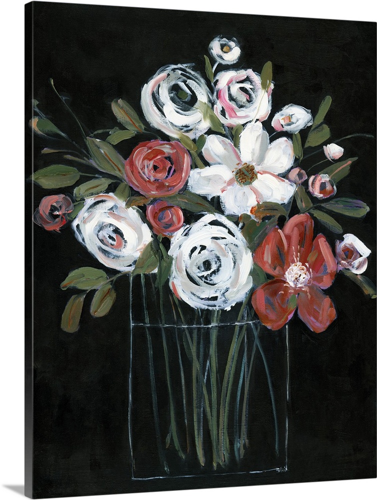 Large vertical painting with white and red flowers in a glass vase on a solid black background creating contrast.