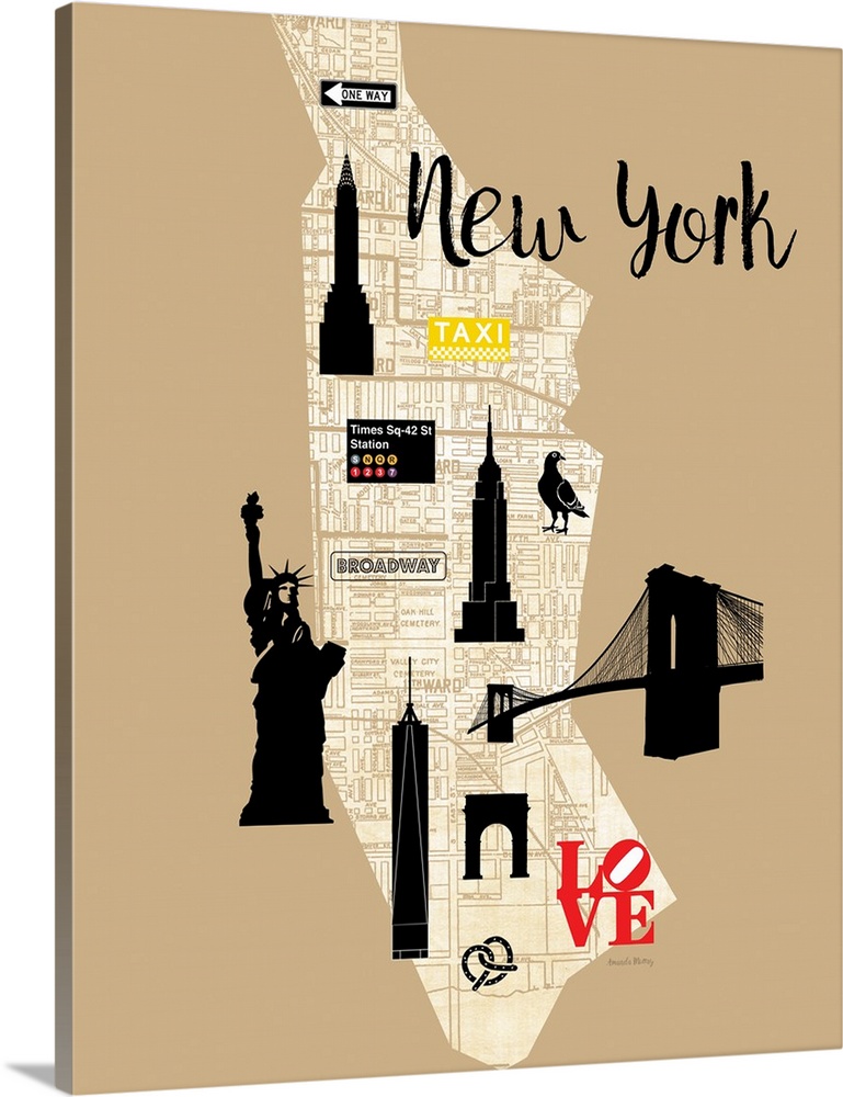 Beige, white, and black illustrated map of New York highlighting landmarks.