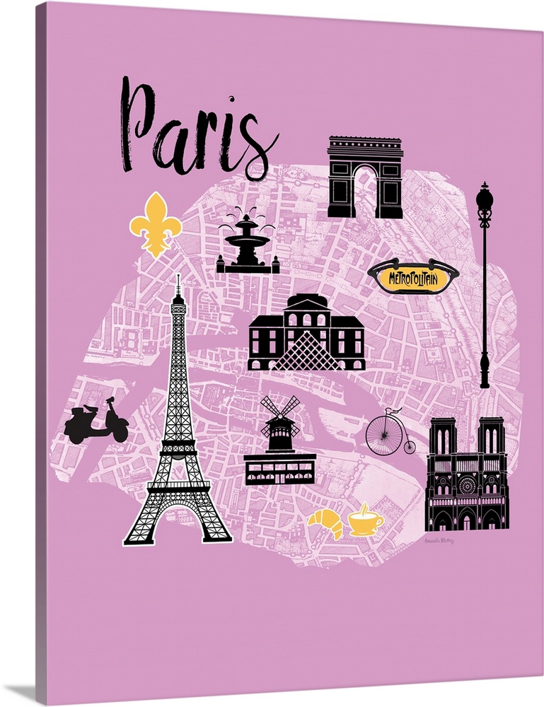 Map of Paris with cute graphics of famous landmarks.