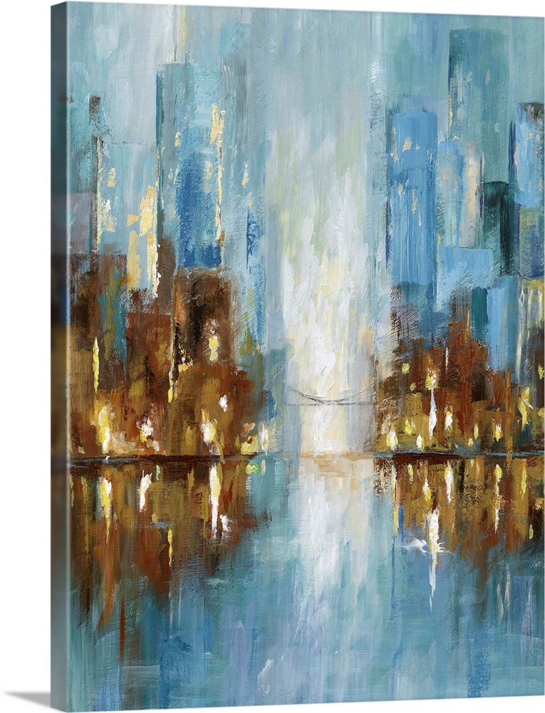 Contemporary painting of a cityscape in the evening reflected in the water.