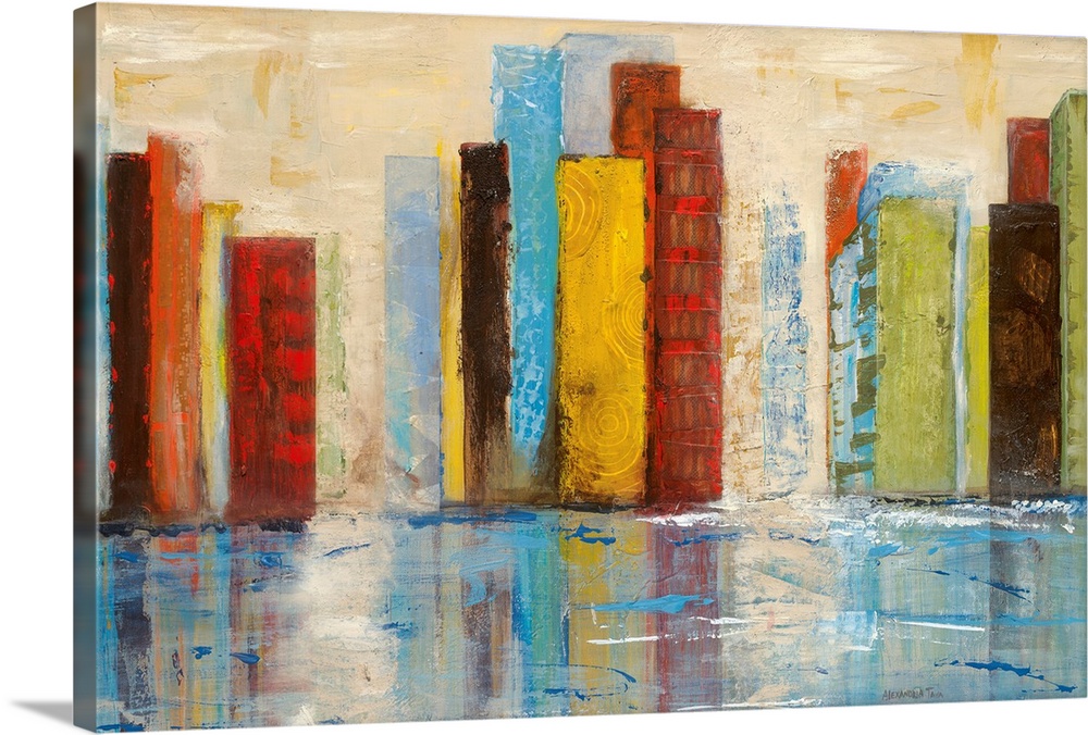 This abstract piece uses strips of colors to stand in as buildings that line the edge of a body of water and reflect down ...