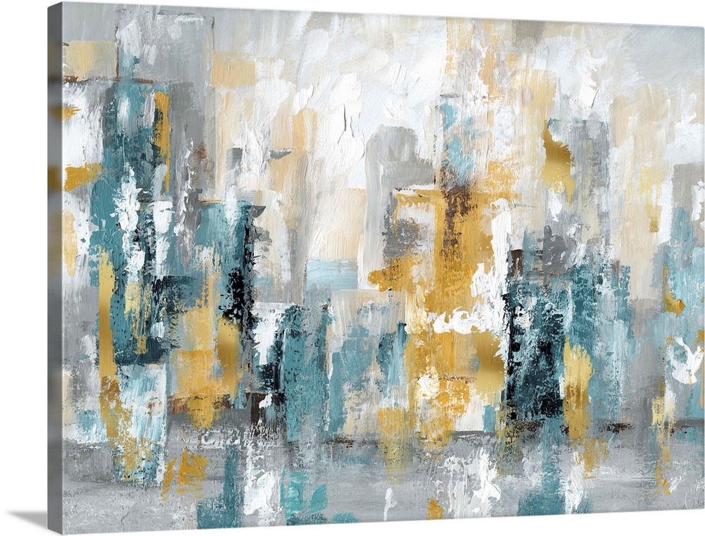 Semi-abstract artwork of a city skyline in turquoise and gold.