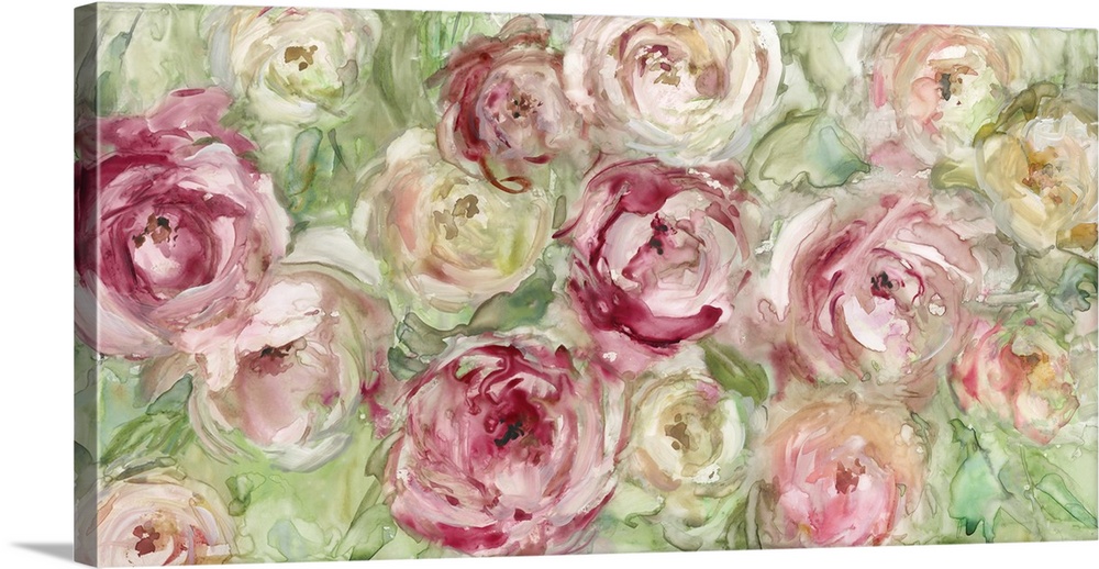 A motif of watercolor roses in shades of red and green swell this contemporary painting.