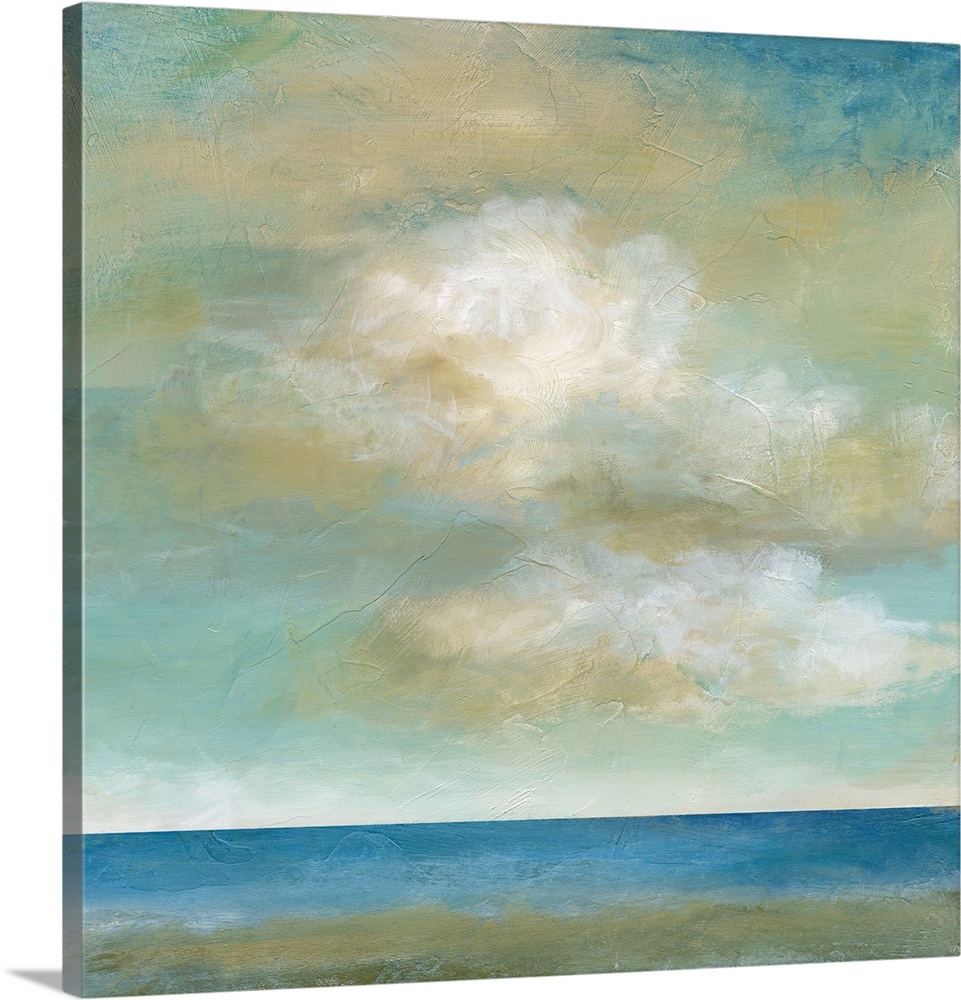 In this contemporary painting, brisk brush strokes compose white and yellow fluffy clouds that drift above a still body of...