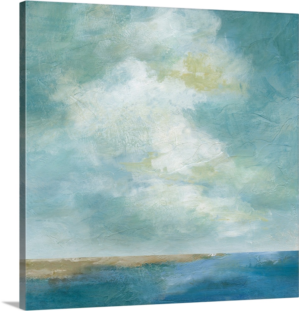 A square contemporary painting of the ocean with large, puffy clouds above.