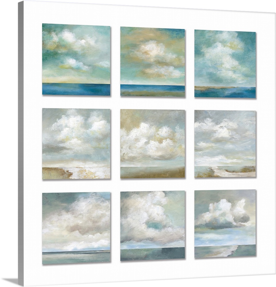 Three by three square paintings of white fluffy clouds over a body of water against a white background.