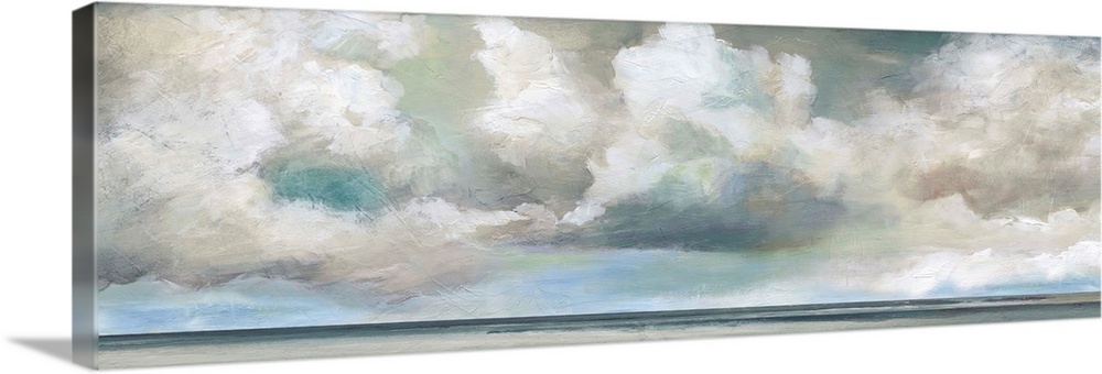 In this contemporary panoramic painting, brisk brush strokes compose white fluffy clouds that drift above a still body of ...