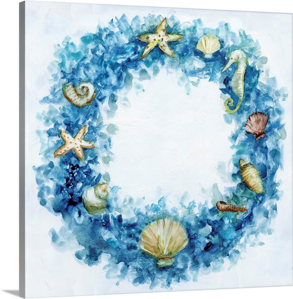 Artwork of a blue Christmas wreath decorated with ocean shells.