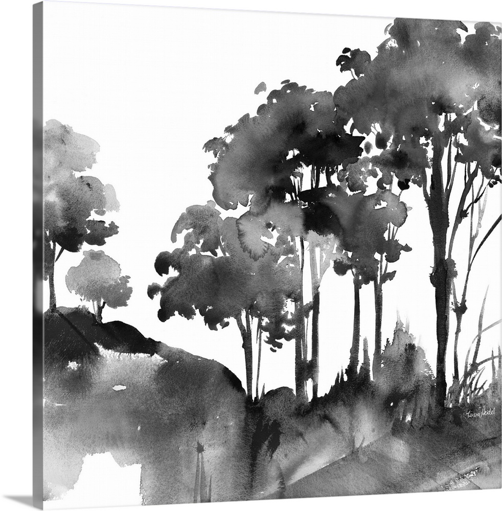Square watercolor painting of an abstract landscape in black and white.