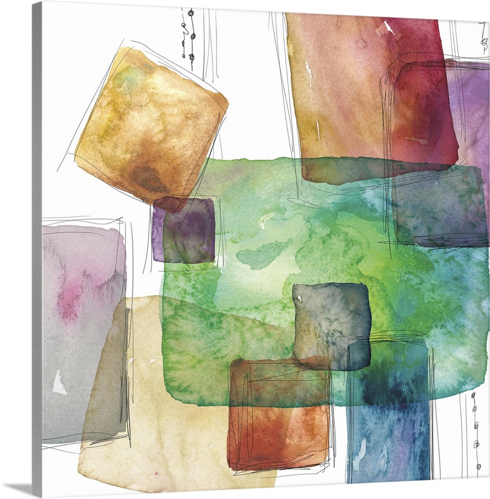 Square abstract art with colorful watercolor squares and rectangles with thin black outlining lines on a white background.