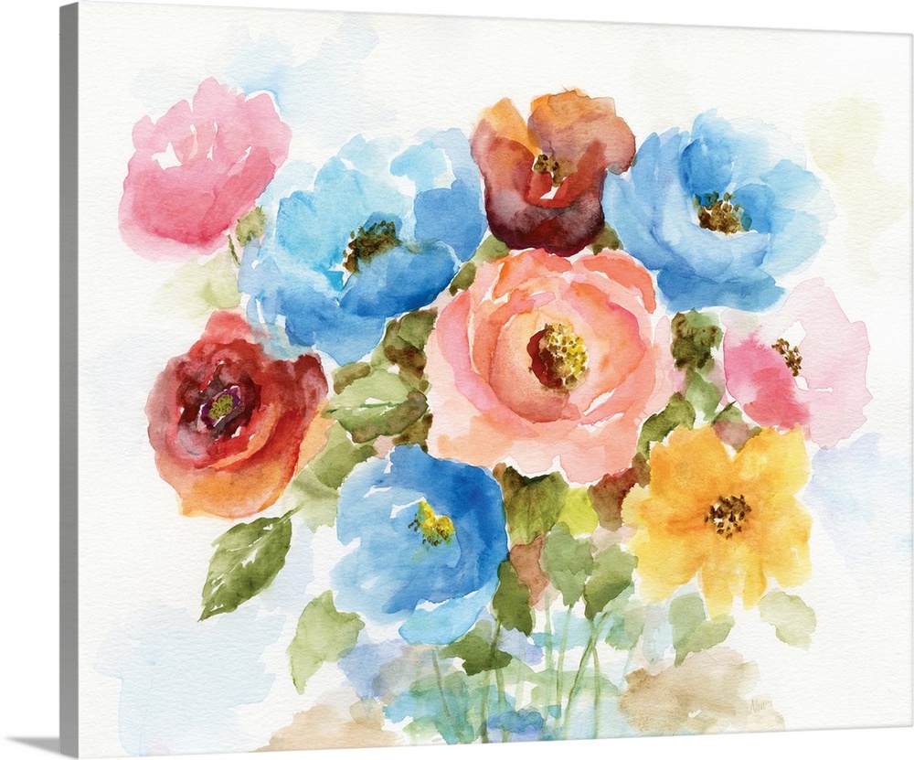 Large watercolor painting of a bouquet of colorful flowers on a white background.