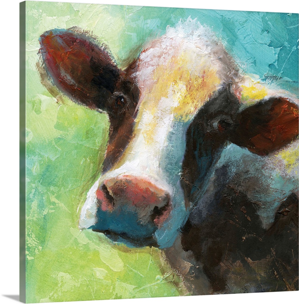 A colorful painting of a cow.
