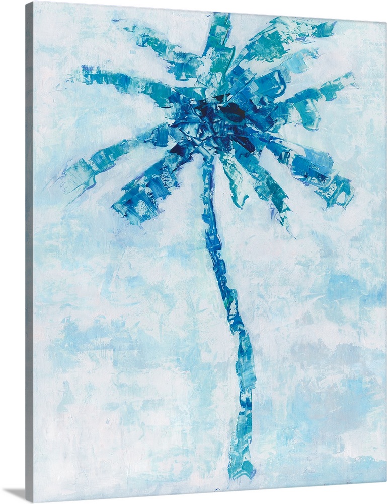Energetic brush movements compose a blue palm tree against a light blue mottled background.