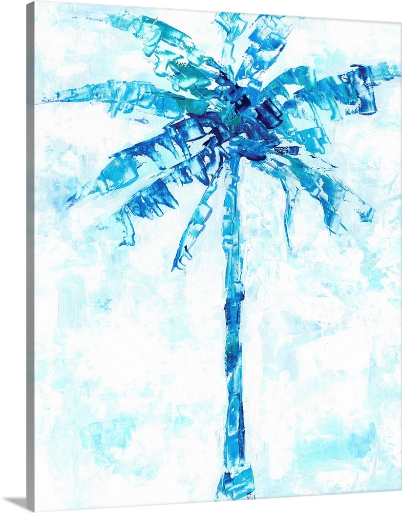 Energetic brush movements compose a blue palm tree against a light blue mottled background.