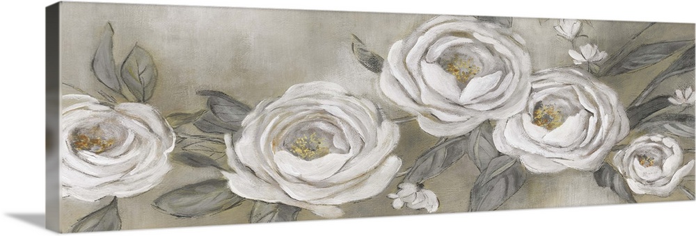 A contemporary painting of soft white flowers with golden colored stamens and gray petals on a neutral background.
