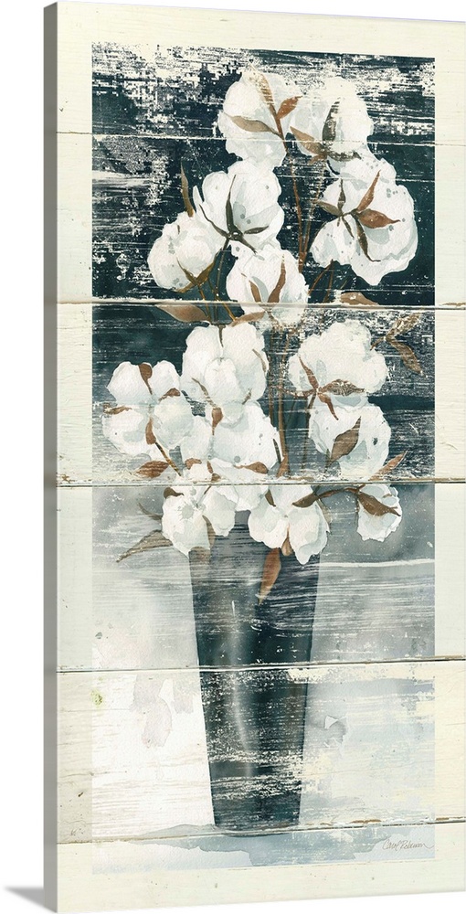 Long vertical artwork of a vase full of cotton bulbs with a rustic effect on white wood backdrop.