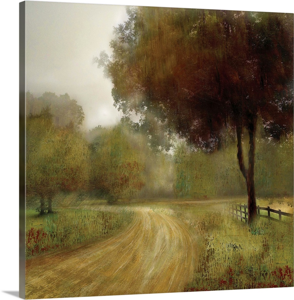 A square artwork of a road going by a fenced field and tree.