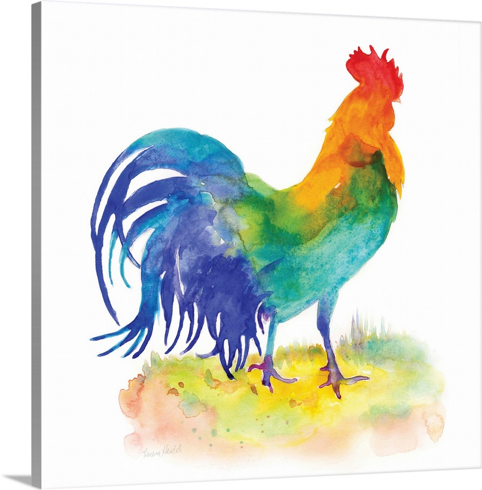 Square watercolor painting of a rooster using all of the colors of the rainbow.