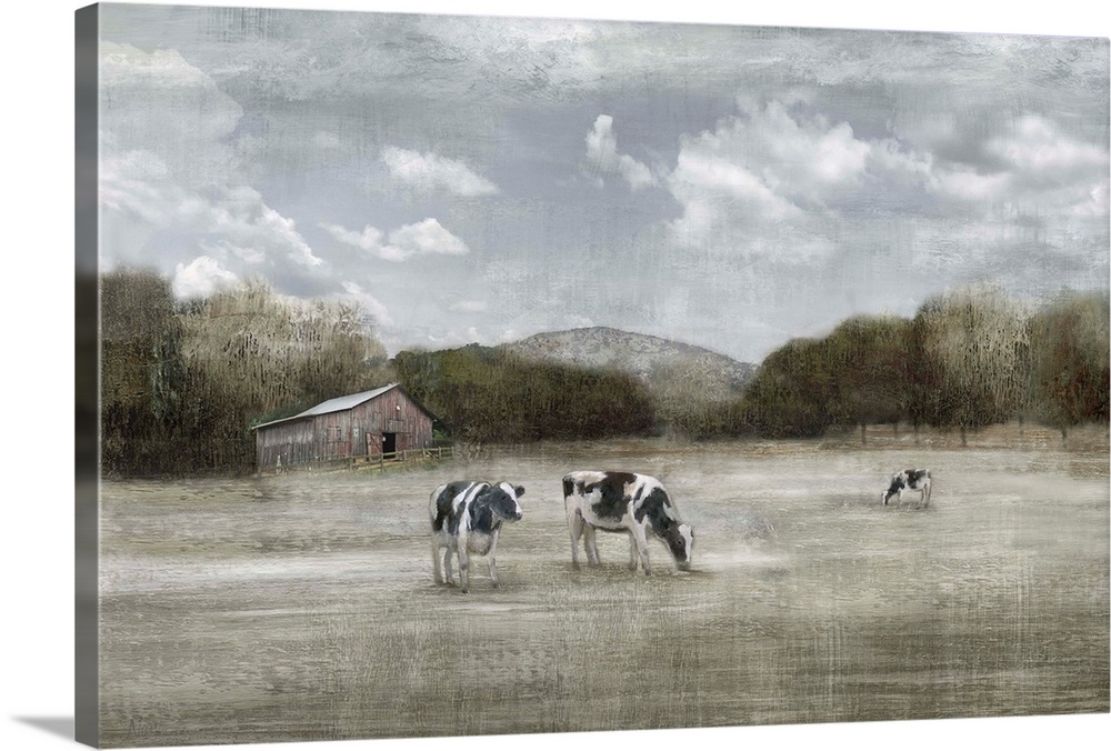 In this painting, brush strokes and muted colors create a rustic mood of three cows grazing on a countryside field.