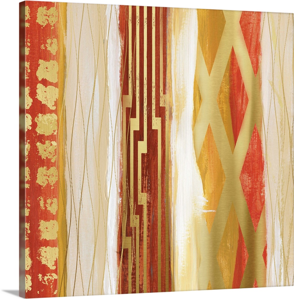 Abstract painting in bold shades of gold and red in vertical bands with geometric patterns.