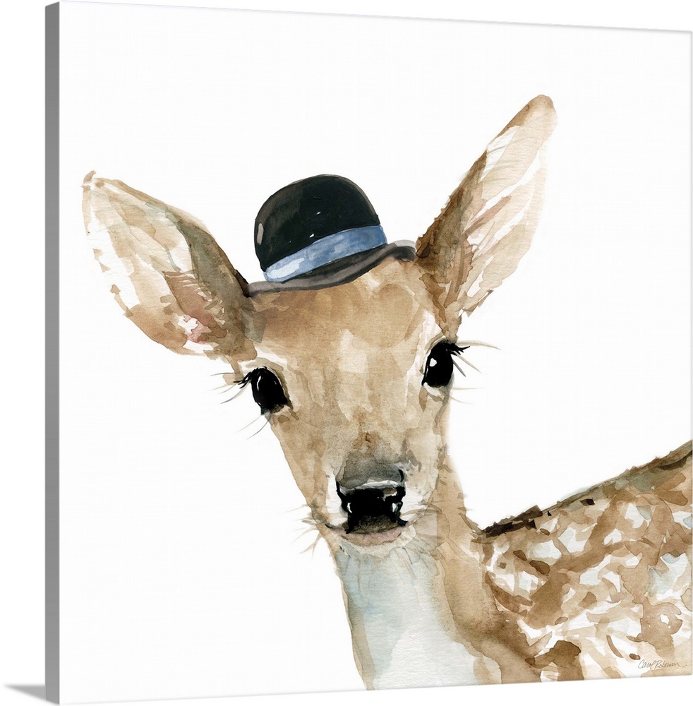 Watercolor painting of a doe wearing a small black hat with a blue stripe on a white square background.