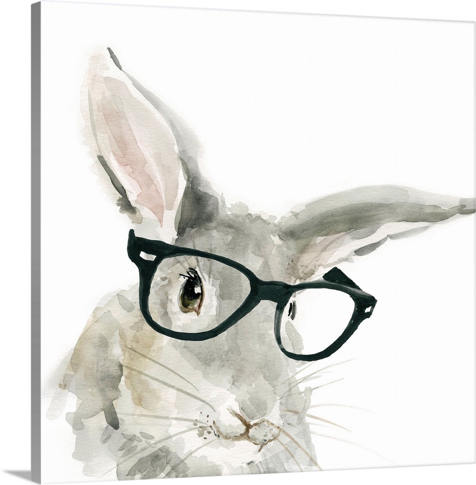 Watercolor painting of a gray rabbit wearing big black rimmed glasses on a white square background.