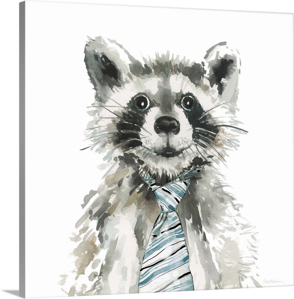 Watercolor painting of a raccoon wearing a a blue, white, and black striped tie on a white square background.