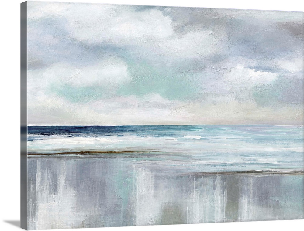 Abstract landscape painting of an ocean with fluffy clouds in the sky using various blues, grays and white colors.