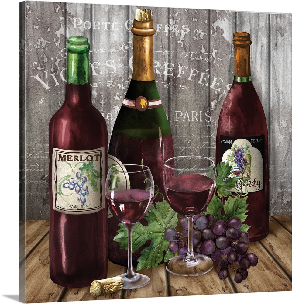 Still life painting of three bottles of red wine with glasses and grapes on a wooden table.