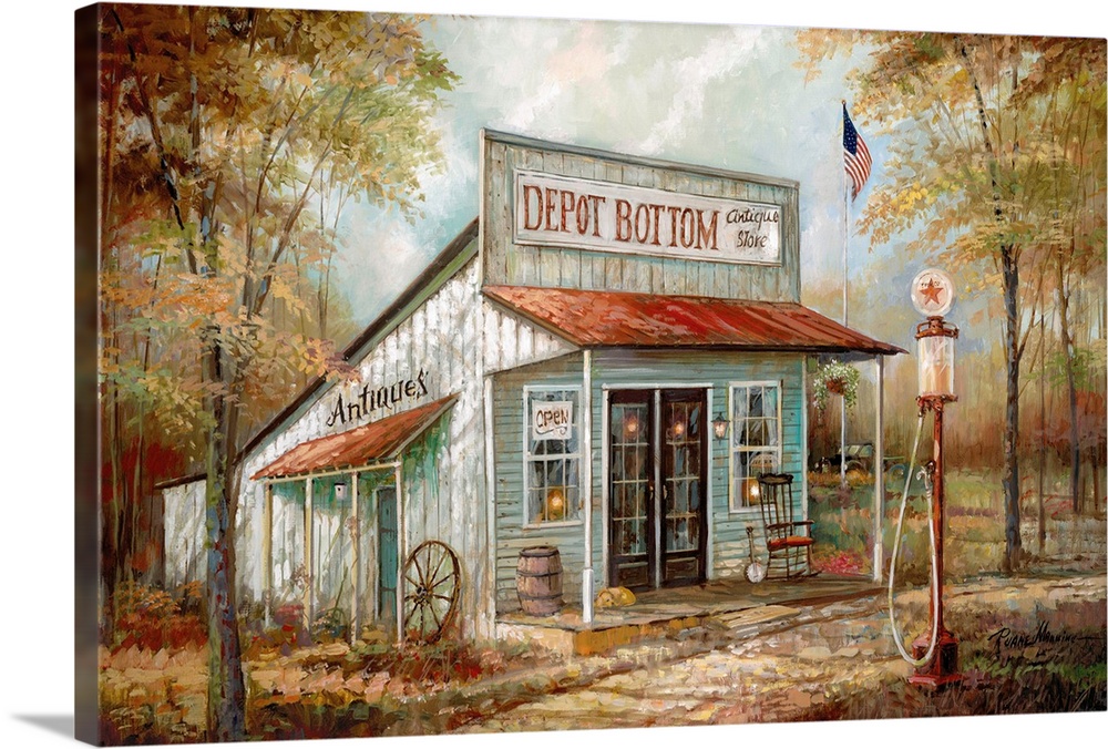 Contemporary painting of a countryside antique store called "Depot Bottom" with Autumn trees surrounding it.