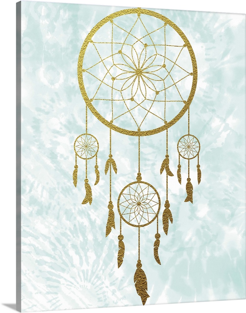 Graphic illustration of a gold dreamcatcher with feathers dangling from it on a light blue and white tie-dye background.