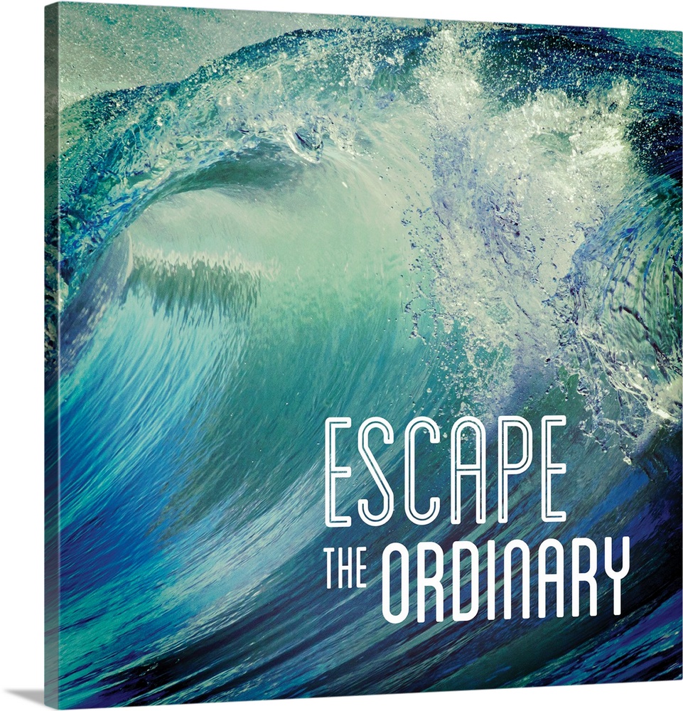 Square photograph of a giant wave with the phrase "Escape the Ordinary" written on the bottom corner.