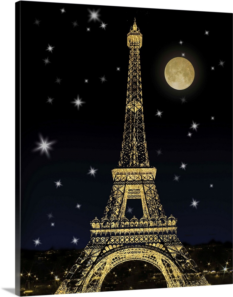 Metallic gold Eiffel Tower with a dark blue night sky full of sparkling stars and a full moon.