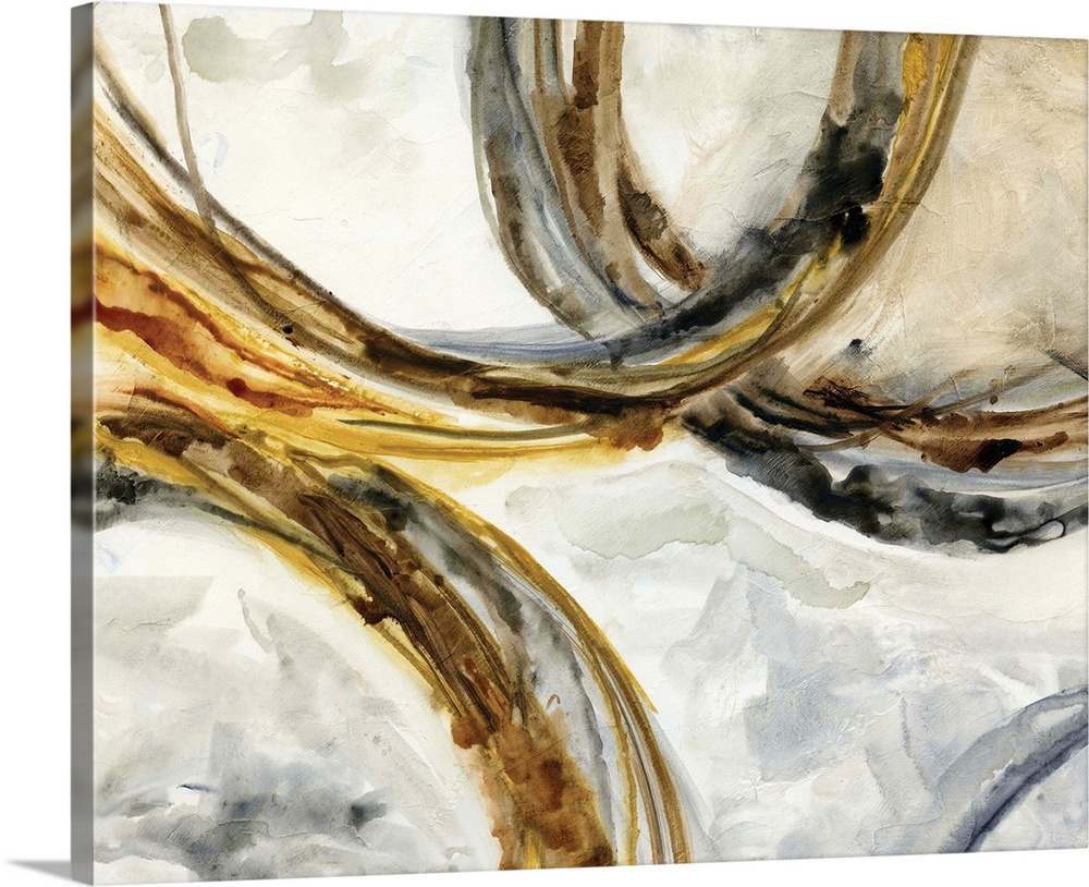 Abstract watercolor painting with gold, black, and brown rings intertwining on a background made with indigo, gray, and br...