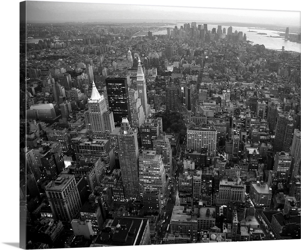 An aerial black and white photograph of the city of New York.
