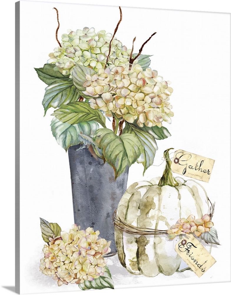 Vertical watercolor painting of watercolor hydrangeas and a harvest pumpkin with tags attached to it that read "Gather" an...
