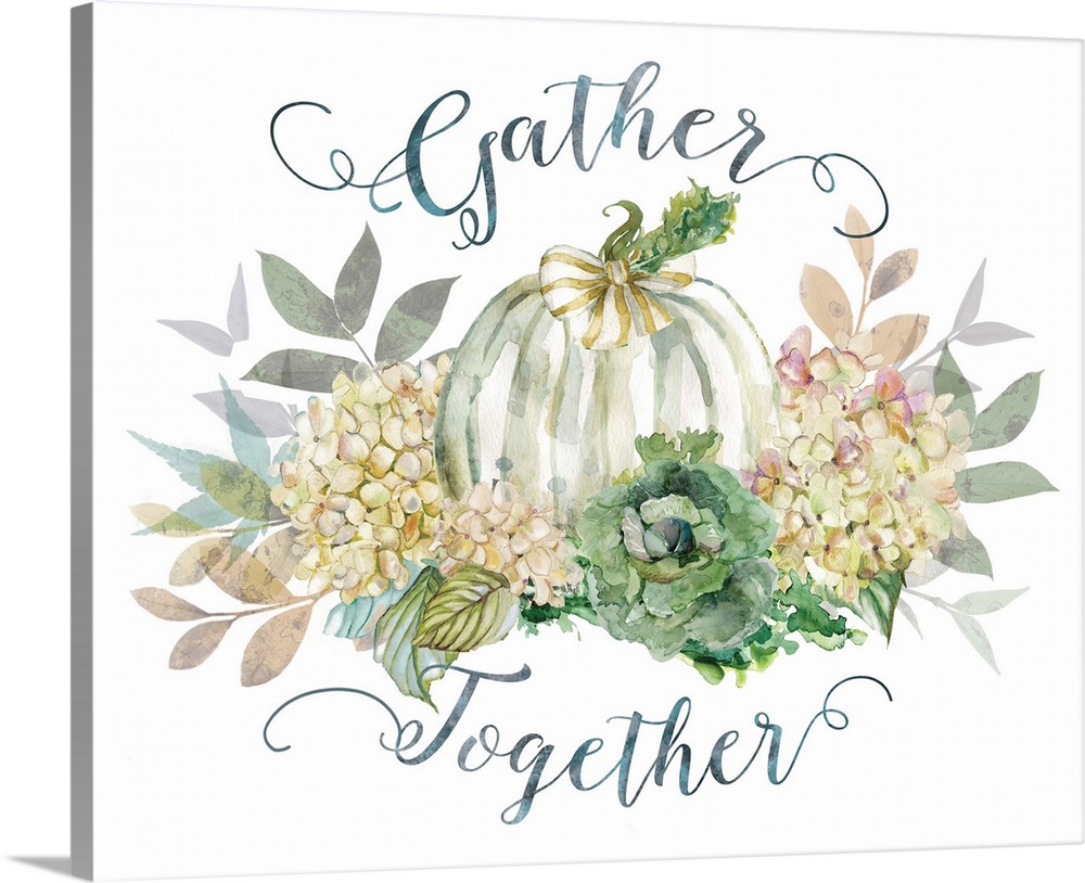 Seasonal decor with paintings of hydrangeas, greenery, and a white pumpkin with "Gather Together" written above and below.