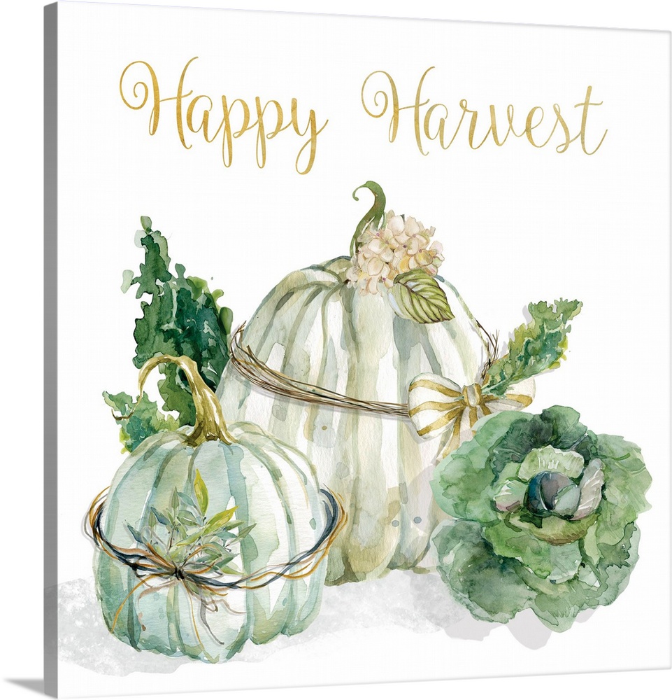 Square decor with watercolor pumpkins and greenery on a white background with "Happy Harvest" written in gold at the top.