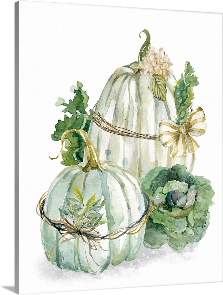 Vertical watercolor painting of two harvest pumpkins wrapped with a bow and greenery on a white background.